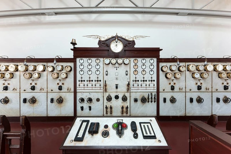 Turbine hall, control centre (control room) for controlling the generators, marble control panel with dial gauges