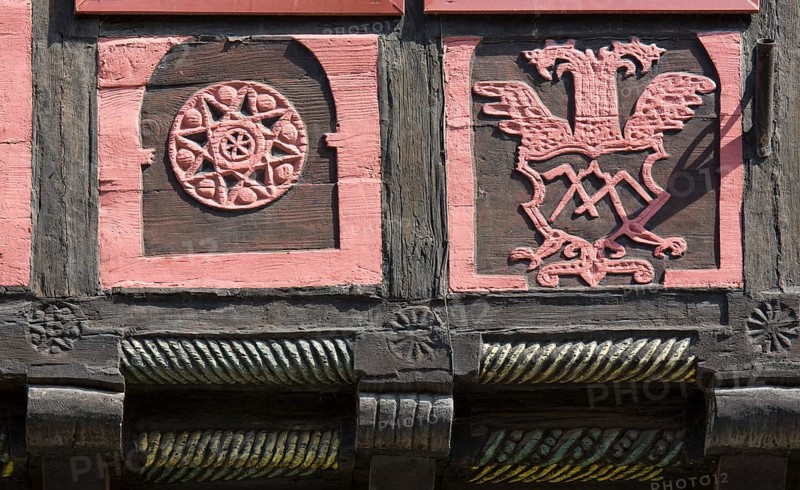 Half-timbered houses at Breite Straße 39 with craft sign