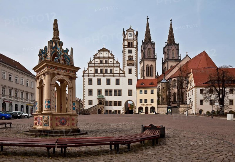 Oschatz Saxony Neumakt west side 75332 Fountain 1588 Town hall 1537 v B Krämer and again 1842 v G Semper Town church 15th century u from 1846 neo-Gothic construction v C A v Heideloff