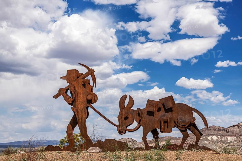 Gold miner's corten steel artwork, Beatty, Nevada, USA, North America