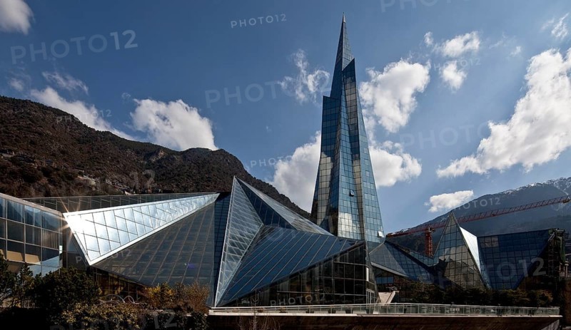 Andorra Escaldes-Engordany CALDEA, thermal spa and wellness centre opened in 1994 Exterior view of tower 80m high