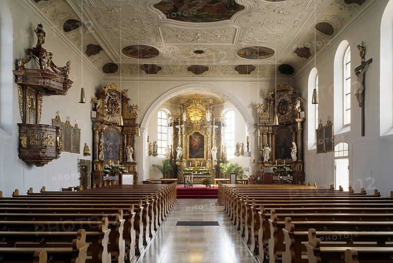 Hirschaid, parish church of St Vitus, former fortified church. View to the choir with high altar from 1728, St., Sankt, Saint
