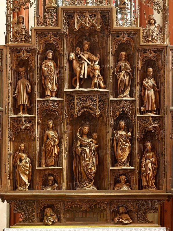 Carved altar, centre shrine, St., Saint, Saint