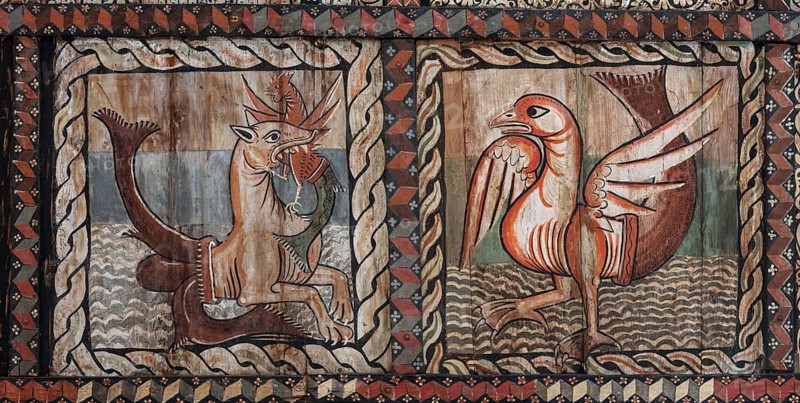 Zillis, village church of St Martin, Romanesque wooden ceiling with biblical depictions, sea monsters and fantasy creatures