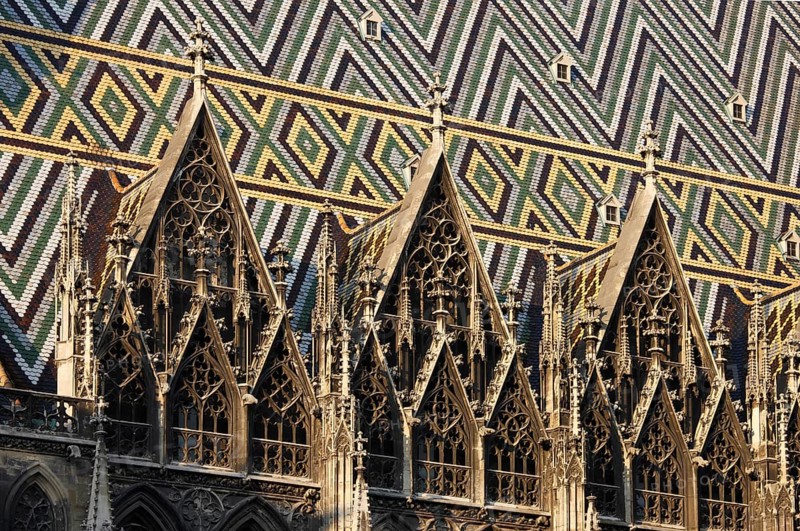 Wimperge and coloured roof tiles on the south side, St., Sankt, Saint