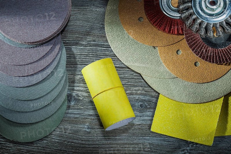Big set of abrasive threatment tools for wood