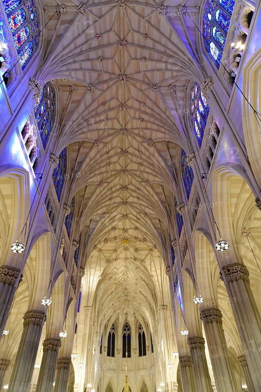 Saint Patricks Old Cathedral or Old St. Patricks, Lower Manhattan, Majestic vault of a church with detailed decoration and coloured glass, Manhattan, New York City, New York, USA, North America