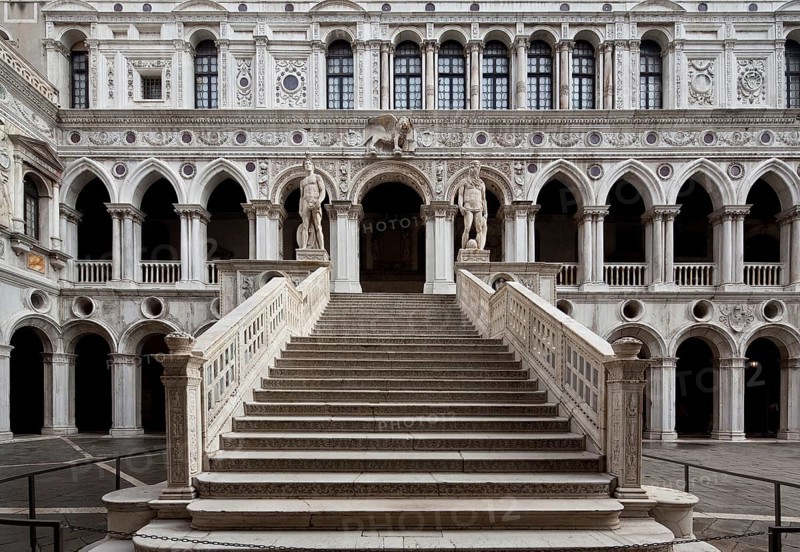 Italy Venice Doge's Palace -98 Inner courtyard east wing front Scala dei Giganti from 1483 by Antonio Rizzo top left Mars and right Neptune sculptures by Jacopo Sansovino 1567