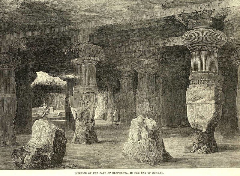 Interior of the cave of Elephanta Gharapuri, in the bay of Bombay now Mumbai, Maharashtra, India, Asia