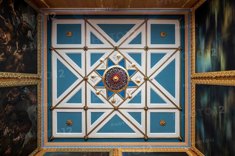 Binz auf Rügen, Granitz hunting lodge, built between 1837 and 1846 by Johann Gottfried Steinmeyer on behalf of Prince Wilhelm Malte I zu Putbus, hall on the upper floor, ceiling detail