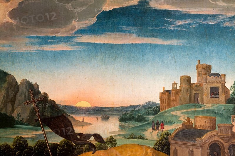 Passion Altarpiece from the Greveraden Chapel of the cathedral by Hans Memling, Bruges 1491, detail in the background, sunset over a river, St., Saint, Saint