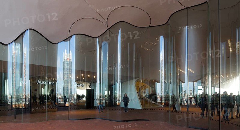 Hamburg, Elbphilharmonie, foyer called Plaza, wave-shaped glass wall to separate the Plaza into outdoor and indoor areas, designed by Herzog & de Meuron, built 2007-2016