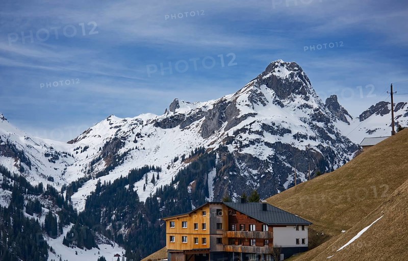 Landscape with large house in the foreground, Bregenzerwald, Vorarlberg, Austria, Europe