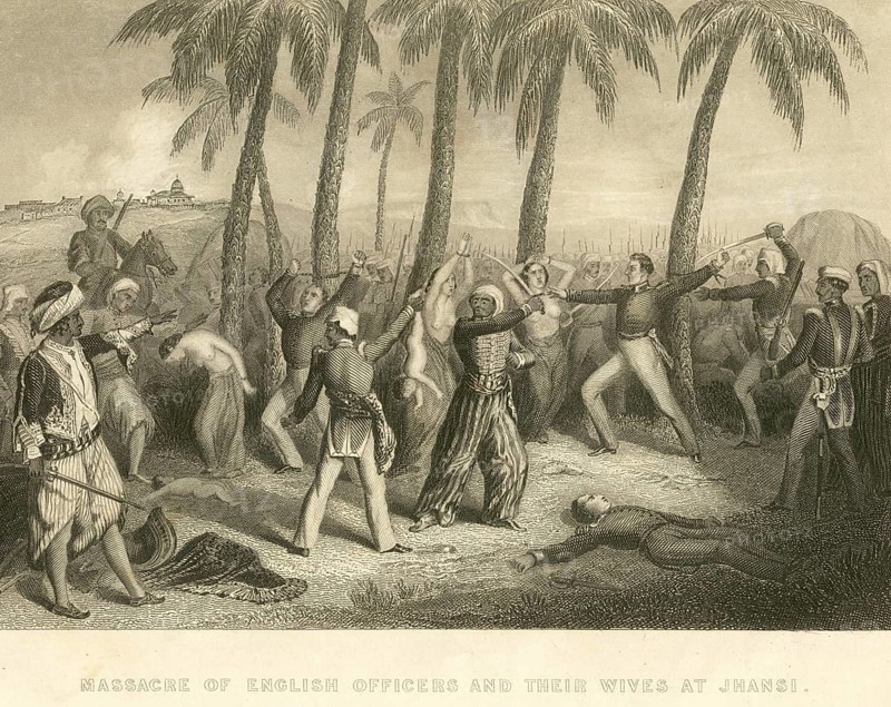 Military and munity mutiny views massacre of English officers and their wives at Jhansi, Uttar Pradesh, India, Asia
