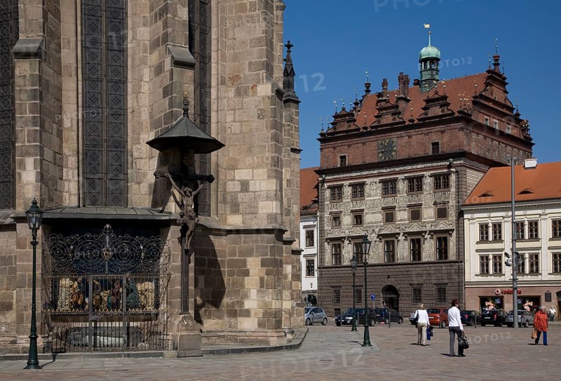 Czech Rep Plzen/Pilsen town hall and details on the choir of St Bartholomew's Church, choir, town hall. The old town centre is a listed building