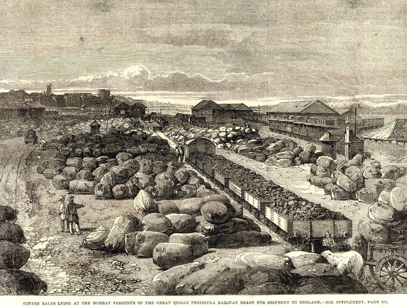 Cotton bales lying at Bombay terminus great Indian Peninsula railway ready for shipment to England, Bombay Mumbai, Maharashtra
