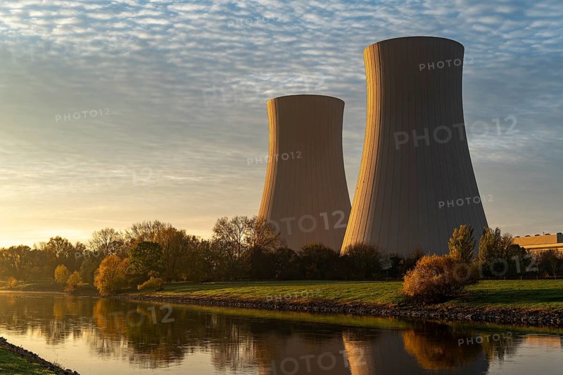 The two cooling towers of the Grohne nuclear power plant on the banks of the Weser, their surface reflecting the surroundings at dawn, Grohnde, Lower Saxony, Germany, Europe