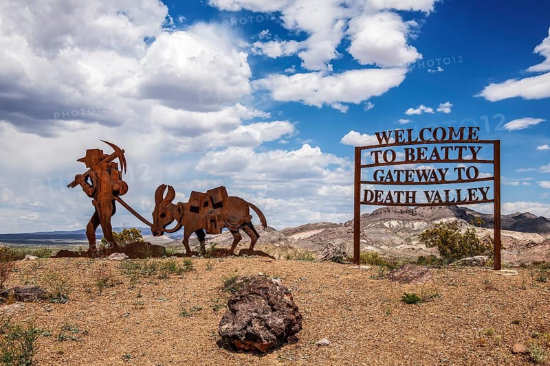 Gold miner's corten steel artwork, Beatty, Nevada, USA, North America