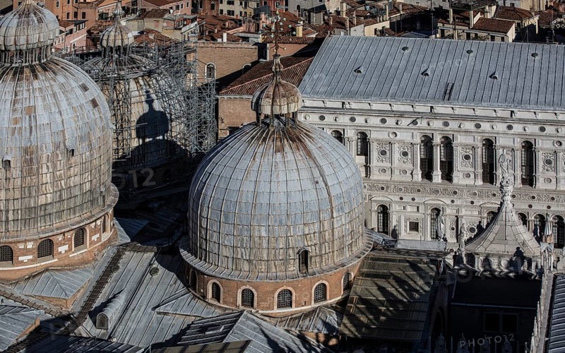 Italy Venice St Mark's Basilica and Doge's Palace -478 East wing northern part of the courtyard side seen from the Campanile left Domes of St Mark's Basilica