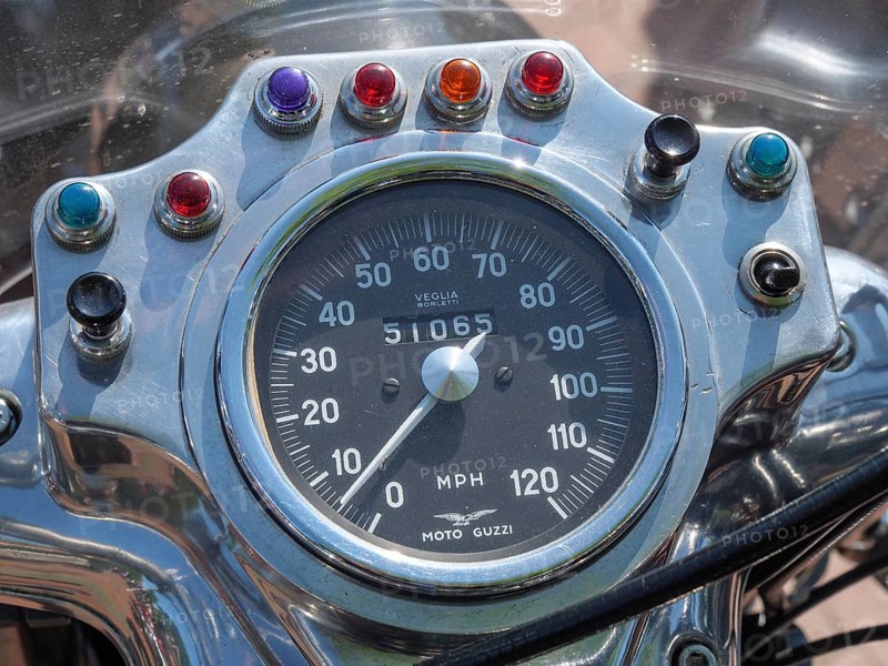 Retro motorbike speedometer with coloured lights and speed display in MPH, Appelhülsen, münsterland, germany