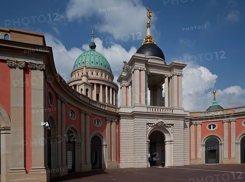 Courtyard to the north-east with Fortuna portal, destroyed around 1700, rebuilt in 1945, 2002, at the back left Nikolaikirche 1830-35, dome 1843-48, on the right town hall tower, St., Sankt, Saint