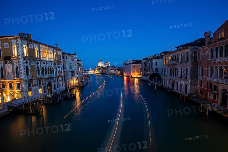 View from the Ponte dell'Academia onto the Grand Canal and the Basilica di Santa Maria Della Salute, light trails, long exposure, blue hour, Venice, Italy, Europe
