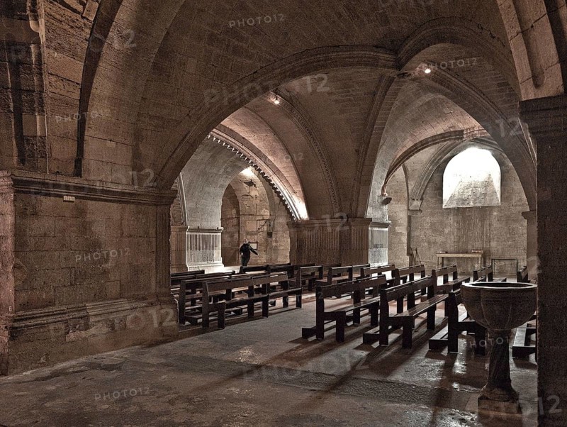 Frankr St-Gilles-du-Gard Abbey Church 60068 Crypt View from north to south with flat ribbed vault and pillars modelled on Burgundian pillars