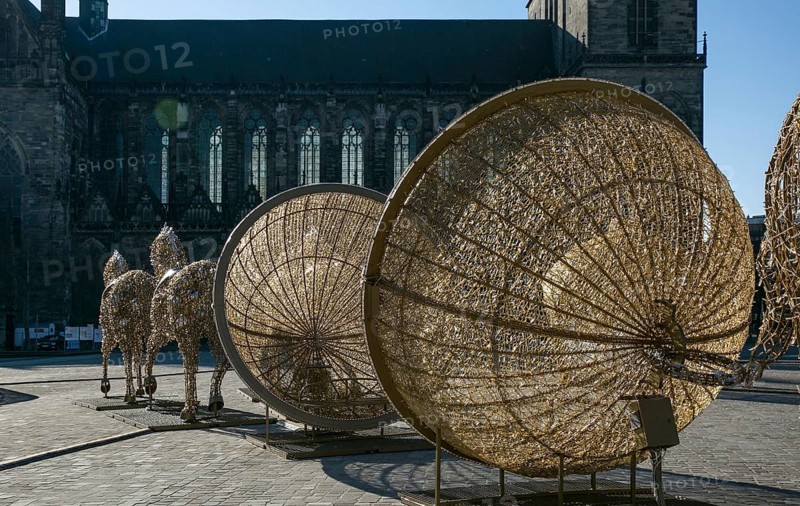 Magdeburg Cathedral Square 3564 modern light sculptures showing Otto von Guericke's Magdeburg hemisphere experiment in 1657