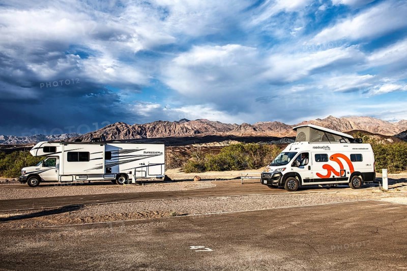 Motorhomes at the Furnace Creek Oasis Campground, Death Valley National Park, California, USA, North America