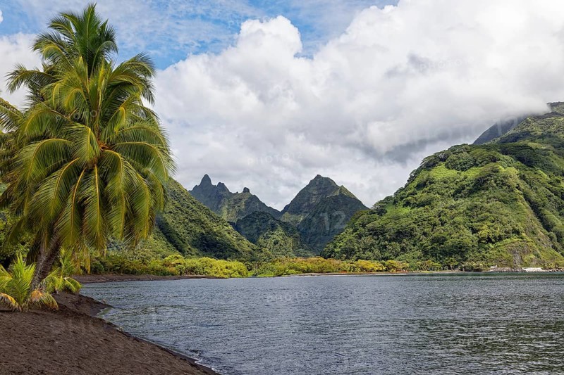 Lava beach on Taurita peninsula, beach, black, coconut palm (Cocos nucifera), back view into Fautaua valley, sea, Pacific Ocean, Tahiti-Iti, Tahiti, Society Islands, Leeward Islands, French Polynesia, Oceania