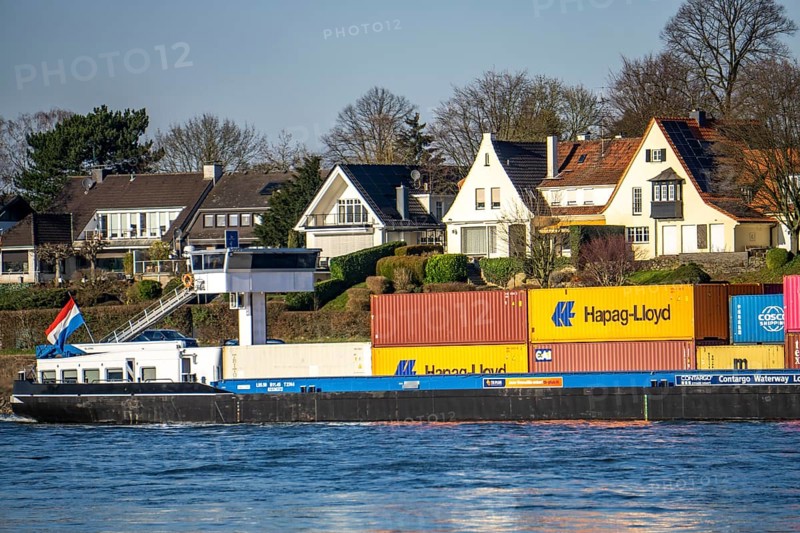 Container cargo ship on the Rhine near Düsseldorf-Bockum, villas on the banks of the Rhine, the neighbourhood in district 5 is one of the most expensive residential areas in Düsseldorf, North Rhine-Westphalia, Germany, Europe