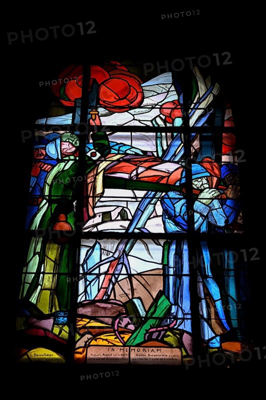 Stained glass window in the chapel in the ossuary at Douaumont, Verdun, Grand Est region, France, Europe