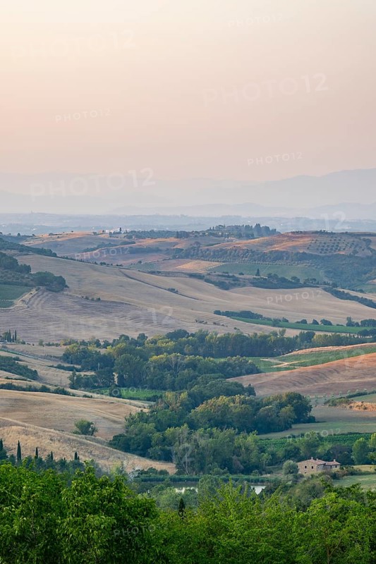 Hilly landscape in Tuscany, view from the upper city wall of Montepulciano, Tuscany, Italy, Europe