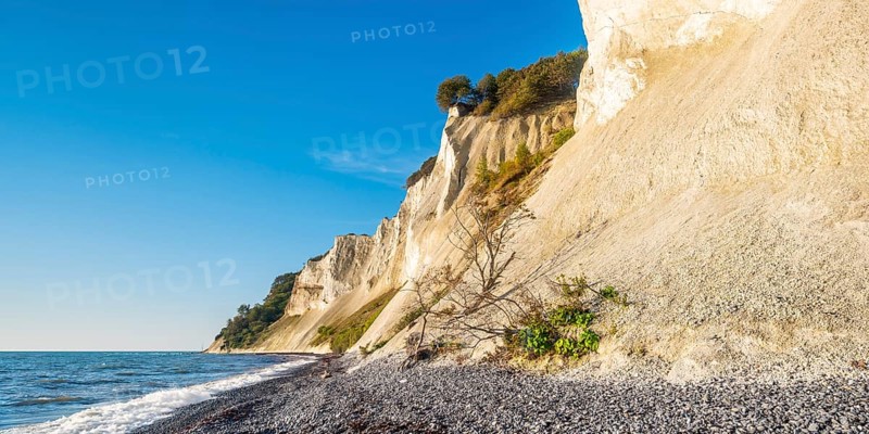 Pebble beach with flints on the chalk cliffs of Møns Klint on the Baltic Sea, Møn Island, Denmark, Europe