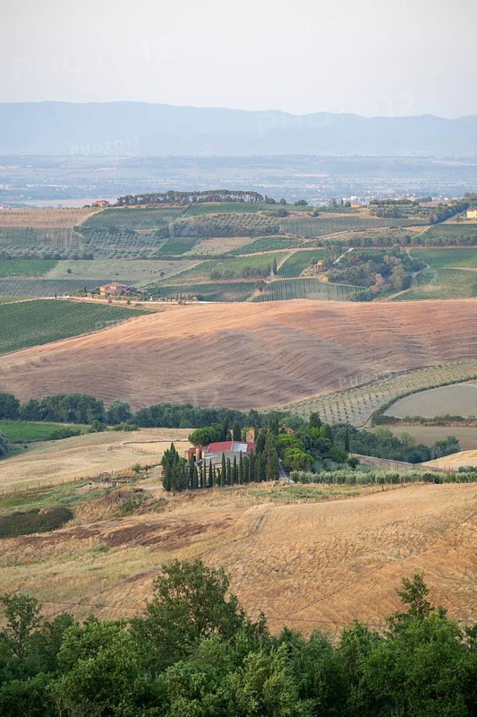 Hilly landscape in Tuscany, view from the upper city wall of Montepulciano, Tuscany, Italy, Europe