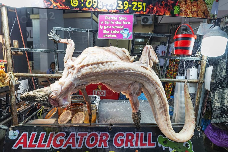 Food stall, snack bar, Alligator Grill, Khaosan Road, Bang Lam Phu district (also: Banglampoo, Phra Nakhon district), Bangkok, Thailand, Asia