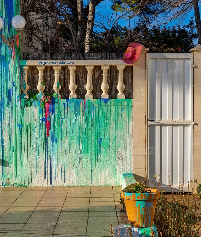 Colour coating on the property wall, Cala Rajada, Majorca, Spain, Europe
