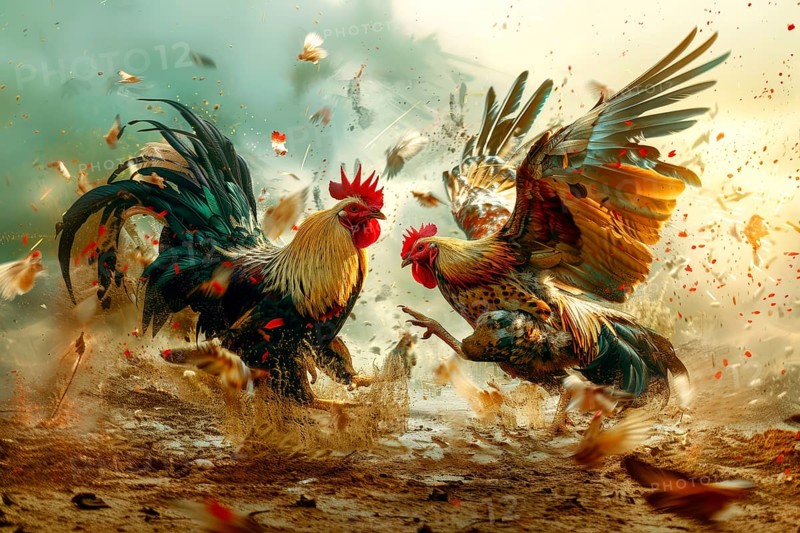 Surrealist representation of a cock fighting, AI generated