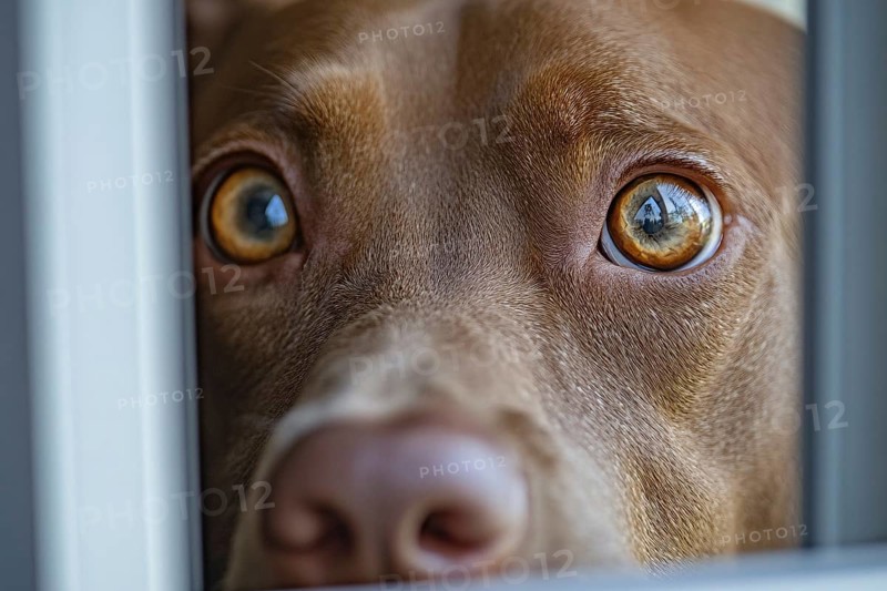 Close up of scared dogwith separation anxiety looking out of window. Generative Ai, AI generated