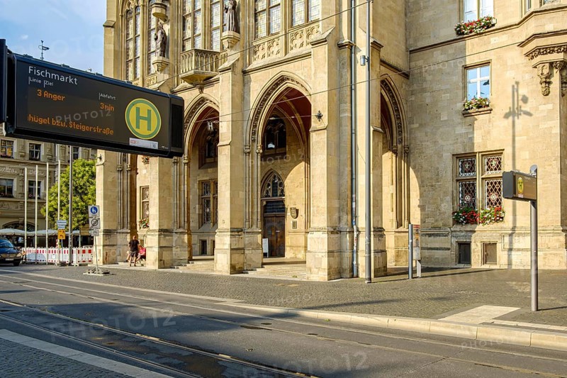 Tram stop Fischmarkt and town hall in the historic city centre of Erfurt, Thuringia, Germany, for editorial use only, Europe