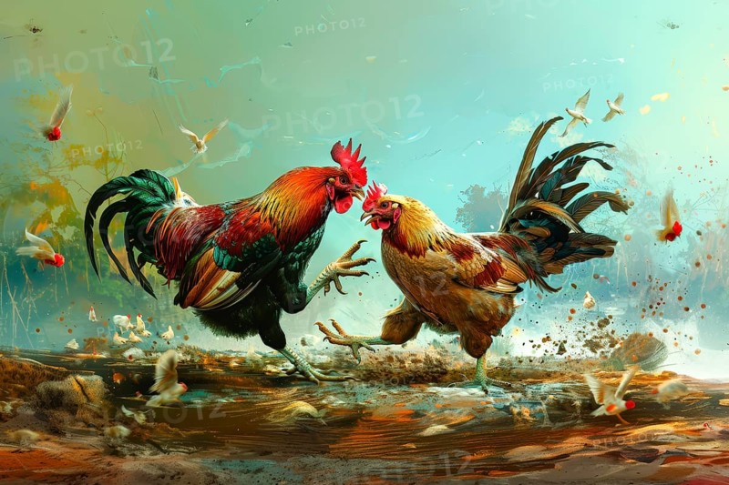 Surrealist representation of a cock fighting, AI generated