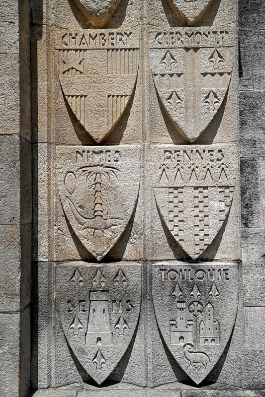Coat of arms on the façade of the Douaumont Ossuary, memorial to the fallen in the First World War, Verdun, Grand Est region, France, Europe