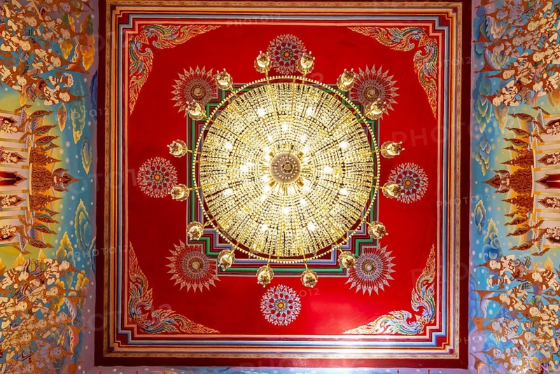 Frog's-eye view: Ceiling with chandelier of an art gallery with an exhibition of non-traditional artworks, most of which follow modern art trends such as minimalism and abstraction, Wat Sitthawararam, Bangkok, Thailand, Asia