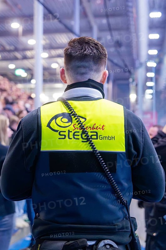 Rear view of a security guard in a yellow waistcoat in an arena full of spectators, Heilbronner Falken Vs Bietigheimer Steelers, Heilbronn, Germany, Europe