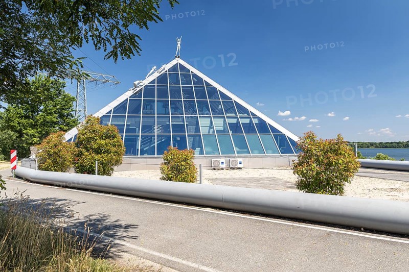 Glass pyramid as a snack bar at Lake Dreiweibern in Lohsa, Lusatian Lakeland, Saxony, Germany, Europe