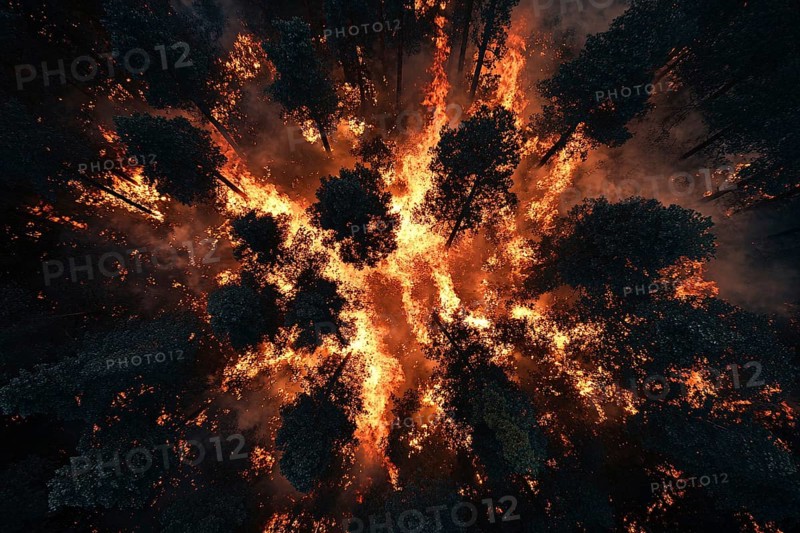 Top view of burning forest at night. Generative AI, AI generated