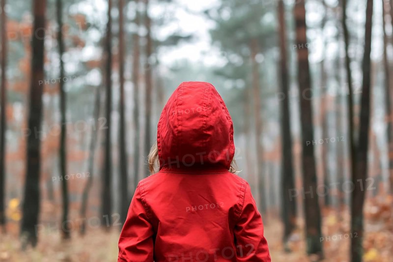 Back view of young girl in red coat in forest. Generative AI, AI generated