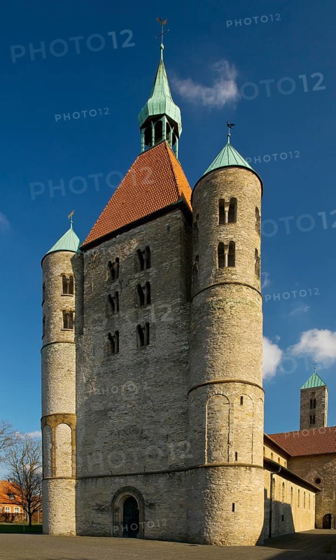 Westwork of the collegiate church of St Boniface in Freckenhorst, Warendorf, Münsterland, North Rhine-Westphalia, Germany, Europe