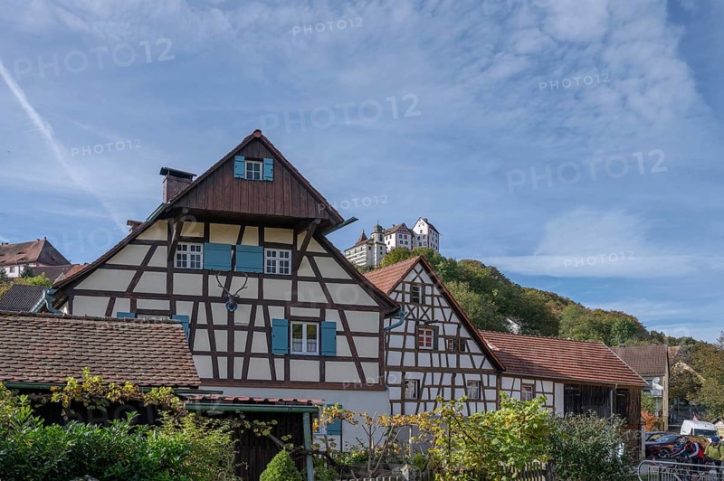 Historic half-timbered house, above Egloffstein Castle, built around 1150, Upper Franconia, Bavaria Germany