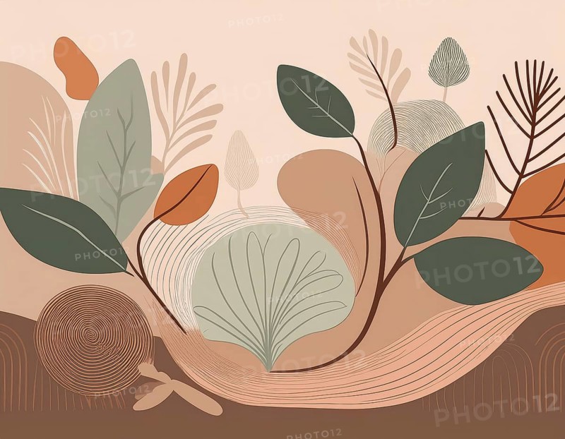Abstract painting symbolizing environmental protection with organic shapes in brown and green earth color tones, AI generated